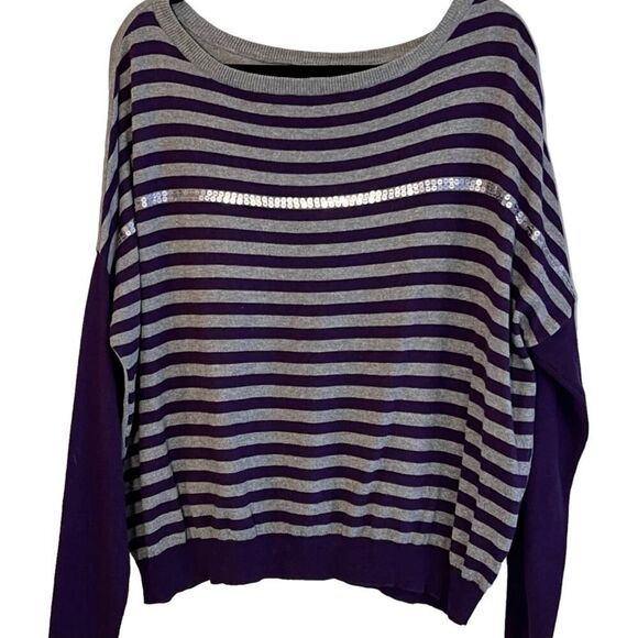 A.N.A. Purple Lightweight Striped Purple Gray Sequins Sweater Large - Picture 1 of 14